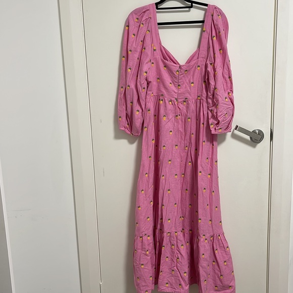 Farm Rio Pink Maxi Dress with Embroidered Pineapples. Puff Sleeves +Ruffle skirt - Picture 11 of 12